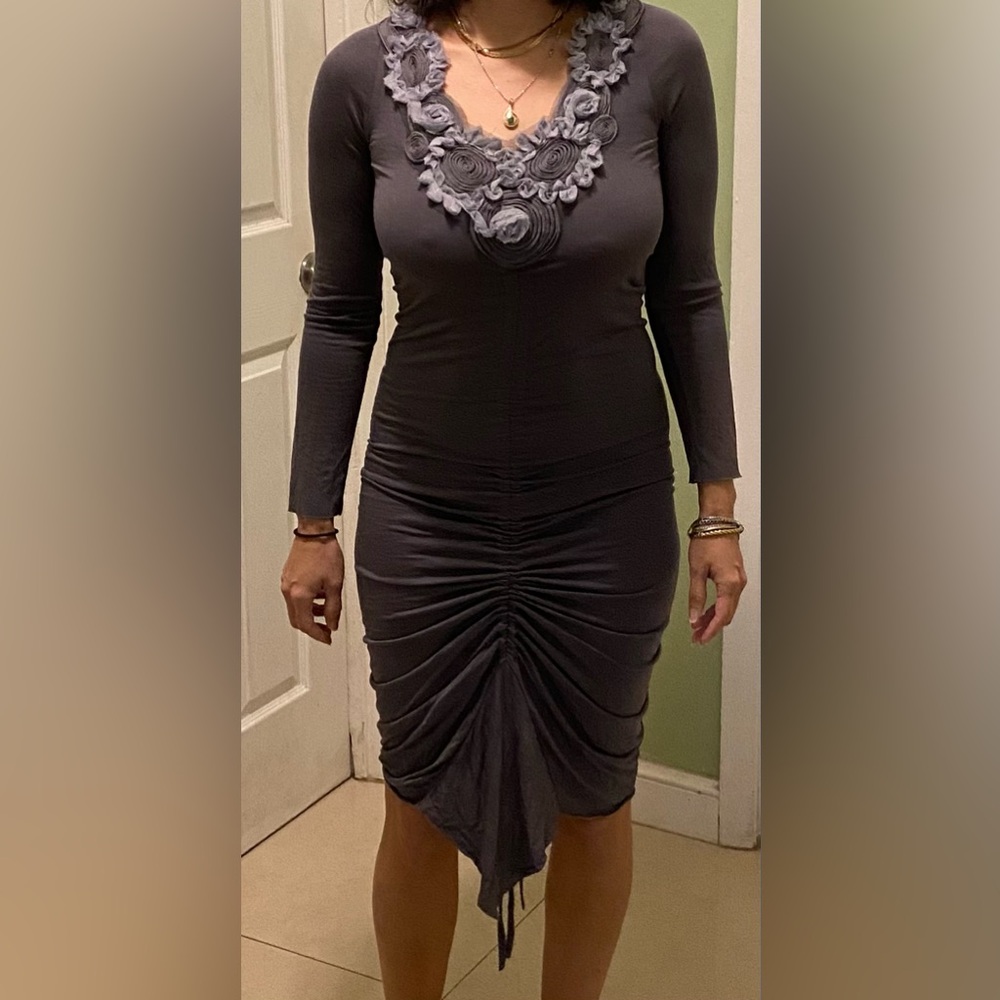 Midi dress with ruched and floral detail, form fitting, long sleeve, dark gray